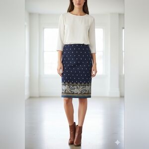 Linda Matthews Blue Printed Pull-On Knee Length Pencil Skirt Size Small 🐈